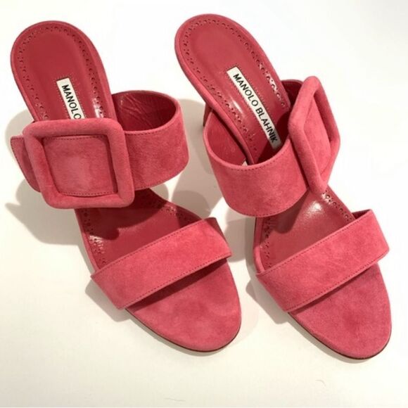 Manolo Blahnik Gable Suede Open Toe Buckle Mules in Dred Size 36 MSRP $845 - Picture 7 of 9